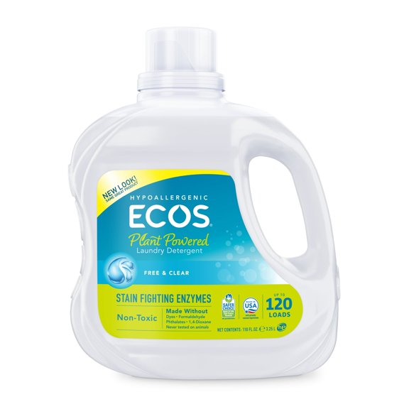 ECOS Plant Powered Liquid Laundry Detergent with Stain-Fighting Enzymes, Free & Clear, 120 Loads, 110 Ounce, Hypoallergenic for sensitive skin (2 Pack)