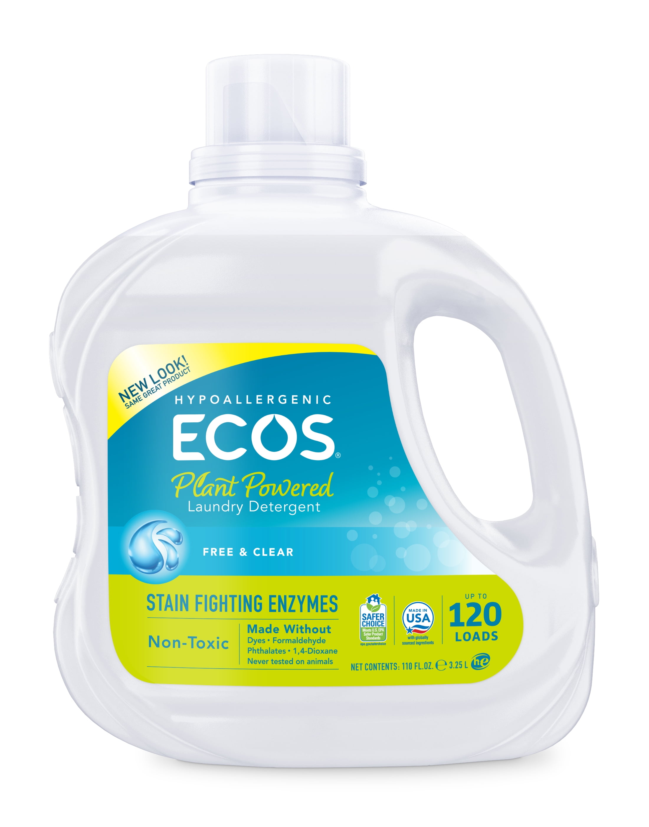 ECOS Plant Powered Liquid Laundry Detergent with Stain-Fighting Enzymes, Free & Clear, 120 Loads, 110 Ounce, Hypoallergenic for sensitive skin - Walma