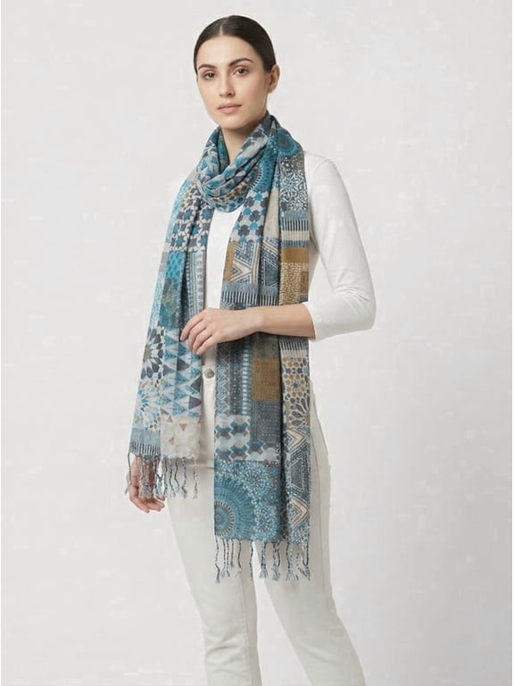 Women's Blue Geometric Scarf, Lightweight Natural Fabric Fashion Wrap, Soft Tassel Shawl, Artisan Crafted