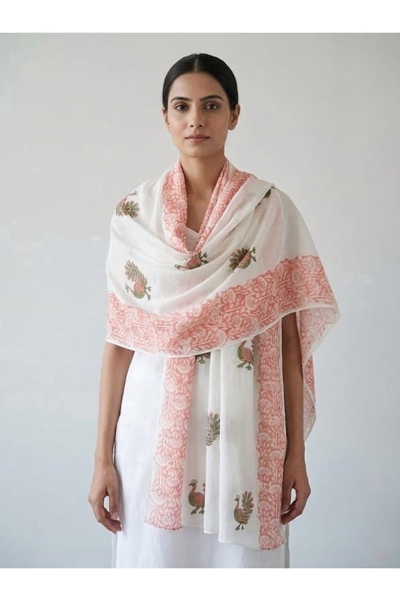 Royal Peacock Hand Block Print Scarf for Women – Lightweight Cotton Voile Wrap | Artisan-Made Indian Block Print Shawl | Soft Travel Scarf