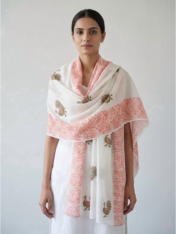 Royal Peacock Hand Block Print Scarf for Women Lightweight Cotton Voile Wrap | Artisan-Made Indian Block Print Shawl | Soft Travel Scarf