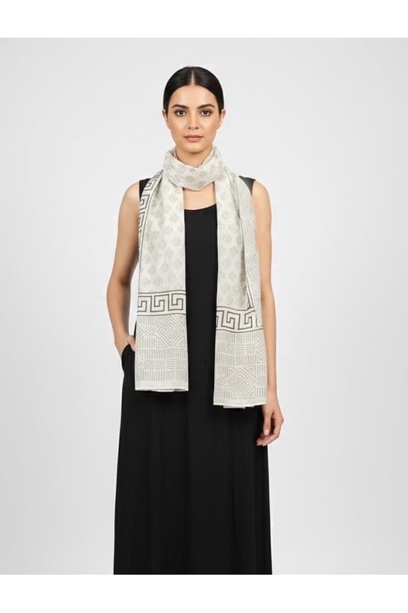 Ivory Heritage Hand Block Print Cotton Scarf for Women – Lightweight Azo-Free Artisan Wrap | Soft Breathable Travel Shawl