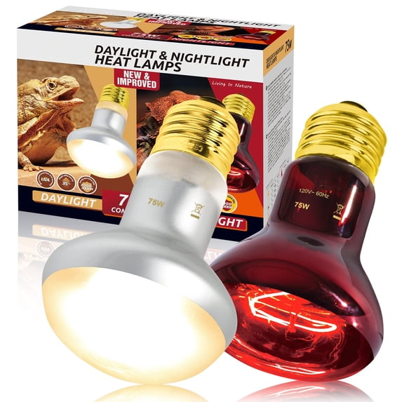ECOSUB 75W Reptile Heating Lamp Bulb, 2 PC Daylight & Nightlight Bulbs for Bearded Dragon Tank