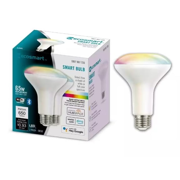 ECOSmart Alexa Smart Bulb BR30 65W Replacement Dimmable LED Light RGB Bulb. 2-Pack Color Changing