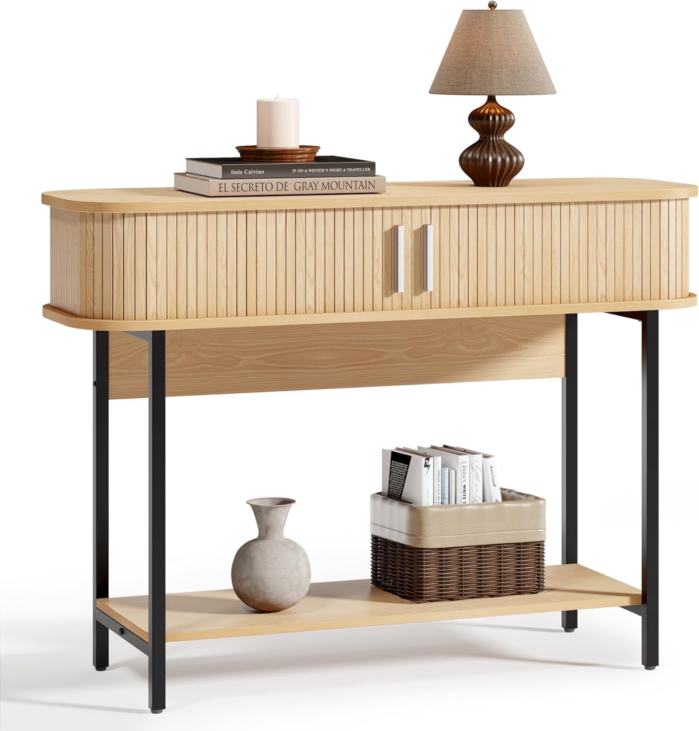 ECOTINY 40" Mid-Century Modern Entryway Table, Ultra Slim Fluted Console Table with Sliding Doors & Storage, Rounded Corner Wooden Sofa Table for Hallway & Living Room, Natural