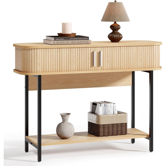 ECOTINY 40" Mid-Century Modern Entryway Table, Ultra Slim Fluted Console Table with Sliding Doors & Storage, Rounded Corner Wooden Sofa Table for Hallway & Living Room, Natural