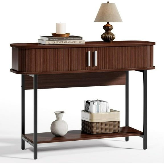ECOTINY 40" Mid-Century Modern Entryway Table, Ultra Slim Fluted Console Table with Sliding Doors & Storage, Rounded Corner Wooden Sofa Table for Hallway & Living Room, Walnut