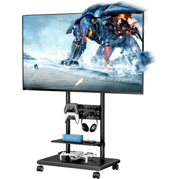ECOTINY Heavy-Duty Rolling TV Stand for 37–75 Inch TVs up to 198 lbs, Mobile TV Cart with Pegboard Storage, Swivel Tilt Adjustable Height Floor TV Stand with Wheels, Max VESA 600x400, Black