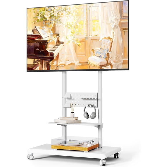 ECOTINY Heavy-Duty Rolling TV Stand for 37-75 Inch TVs, Mobile TV Cart with Tilt & Swivel, Height Adjustable TV Stand with Pegboard Storage & Shelves, Holds up to 198 lbs, Max VESA 600x400, White