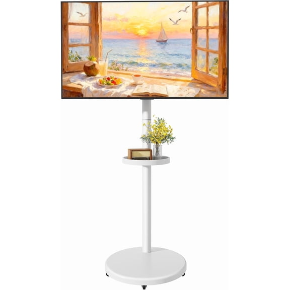 ECOTINY Height Adjustable Rolling TV Stand for 13–43 Inch TVs up to 33 lbs, Mobile TV Cart with Tilt Swivel Rotation, Storage Box & Shelf, Hidden Wheels, Max VESA 200x200, White