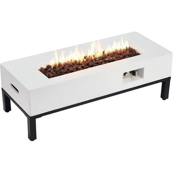 ECOTOUGE 42" Patio Propane Fire Pit Table, 50,000 BTU Rectangle Concrete Fire Table with Shelves, Waterproof Cover, Auto-Ignition, Free Lava Rocks, Tank Holder is Not Included, White
