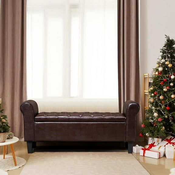 ECOTOUGE Brown Ottoman with Storage for Living Room, Leather Upholstered Bench Footrest, Rolled Arm Foot Stool for Bedroom