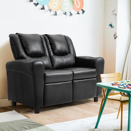 ECOTOUGE Double Kids Recliner, Toddler Sofa Chair with 2 Cup Holders, PU Leather Children Couch, Loveseat Chair W/Retractable Footrest for Boys and Girls Age 3, Black