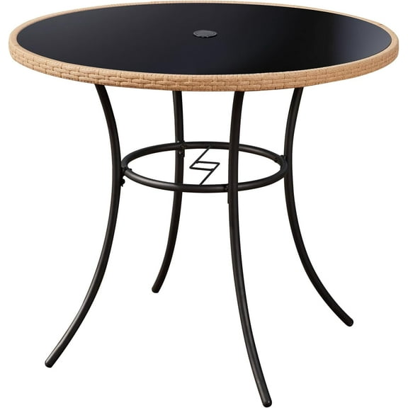 ECOTOUGE Outdoor Round Patio Desk, Wicker Dining Table with Umbrella Hole, Tempered Glass Top for 4-5 Persons, Bistro Rattan Furniture Garden Tables for Balcony, Backyard, Black