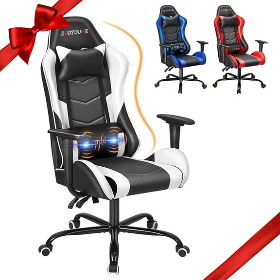 ECOTOUGE PC Gaming Chair with Headrest and Lumbar Pillow Massage Ergonomic Office Desk Chair Racing PU Leather Recliner Swivel Rocker, Black & Blue