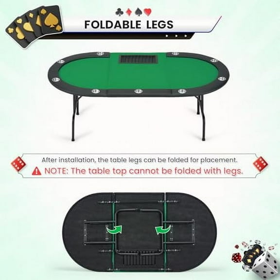 ECOTOUGE Poker Table Foldable, 9 Players Texas Holdem Table with Metal Cup Holders & Folding Legs, Oval Casino Leisure Game Table Top for Card Games, Green