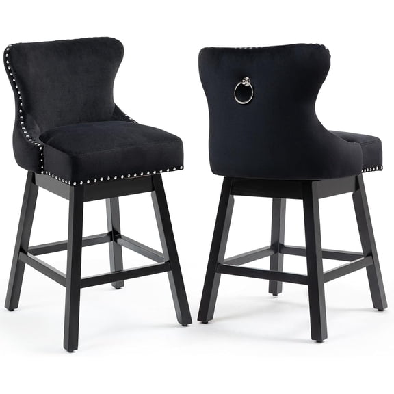 ECOTOUGE Swivel Bar Stools Set of 2, 26" Island Chairs with Wood Legs & Adjustable Foot Pads, Fabric Counter Stools with Back & Pull Ring for Kitchen, Pub & Cafe, Black