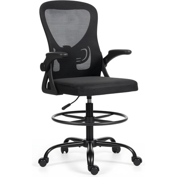 ECOTOUGE Tall Drafting Chair, Breathable Mesh Office Chair with Flip-up Armrests, Ergonomic Computer Standing Desk Chair with Adjustable Footrest Ring and Lumbar Support, Black