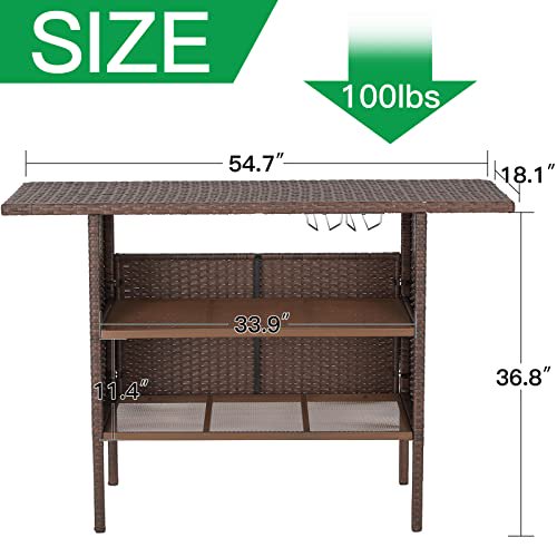 ECOTOUGE Wicker Patio Bar Table (2 Steel Shelves & Wine Rack), Rattan