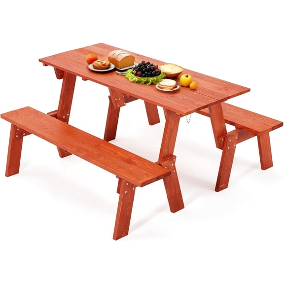 ECOTOUGE Wood Picnic Table  Set, All-Weather Patio 2-in-1 Convertible Dining Benches w/Heavy Duty Wooden Frame for 6-8 Adults, 5 Feet, Red