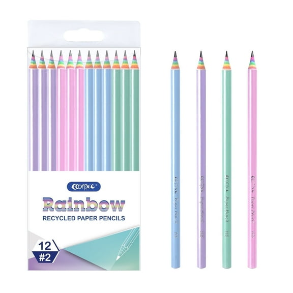 ECOTREE Eco-friendly Wood & Plastic Free Rainbow Recycled Paper #2 HB Pencils For School and Office Supplies, Pre-sharpened,12-Pack