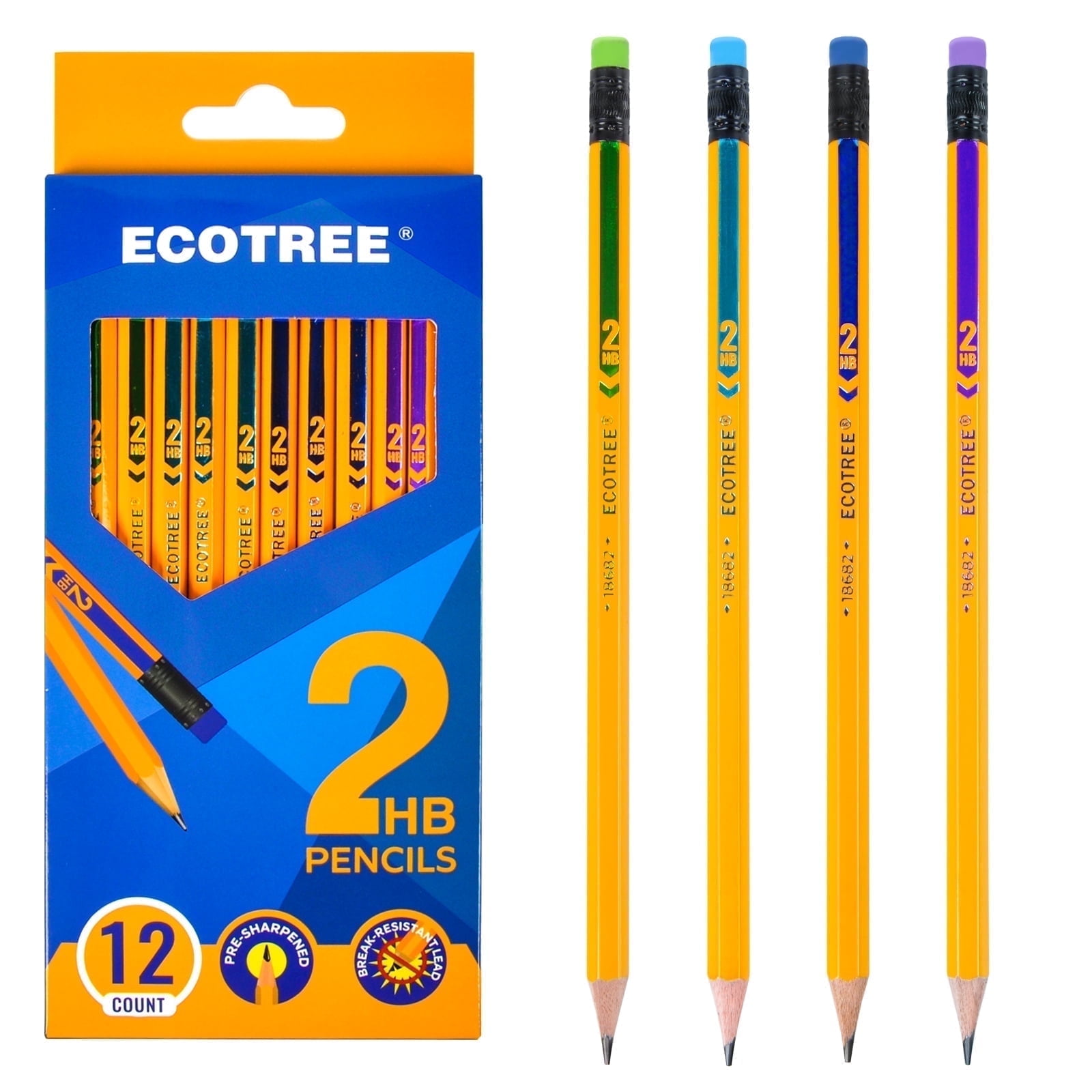 ECOTREE Pencils #2 Wood-Cased HB Pencils, Pre-sharpened Number 2 Pencils for Office School Supplies, Yellow, Back to School, 12 Count