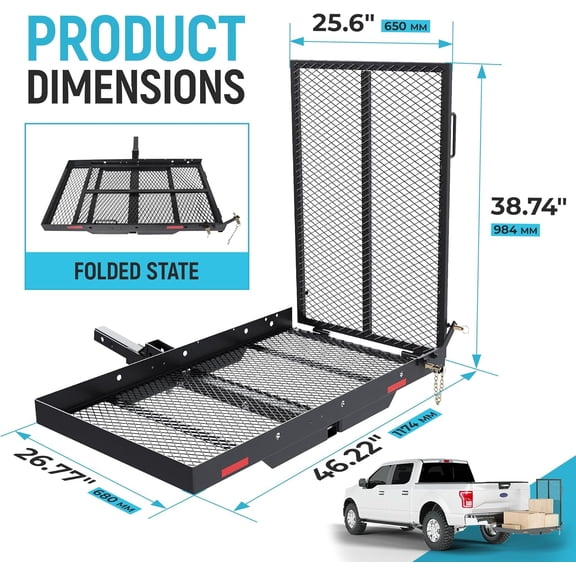 ECOTRIC 46.2 X 26.8 X 38.7 Inch Hitch Cargo Carrier W/Ramp Foldable 500 Lbs Trailer Hitch Mount Steel Wheelchair Carrier Mobility Scooter Ramp 2" Hitch Receiver for Snow Blower SUV Truck Van Car