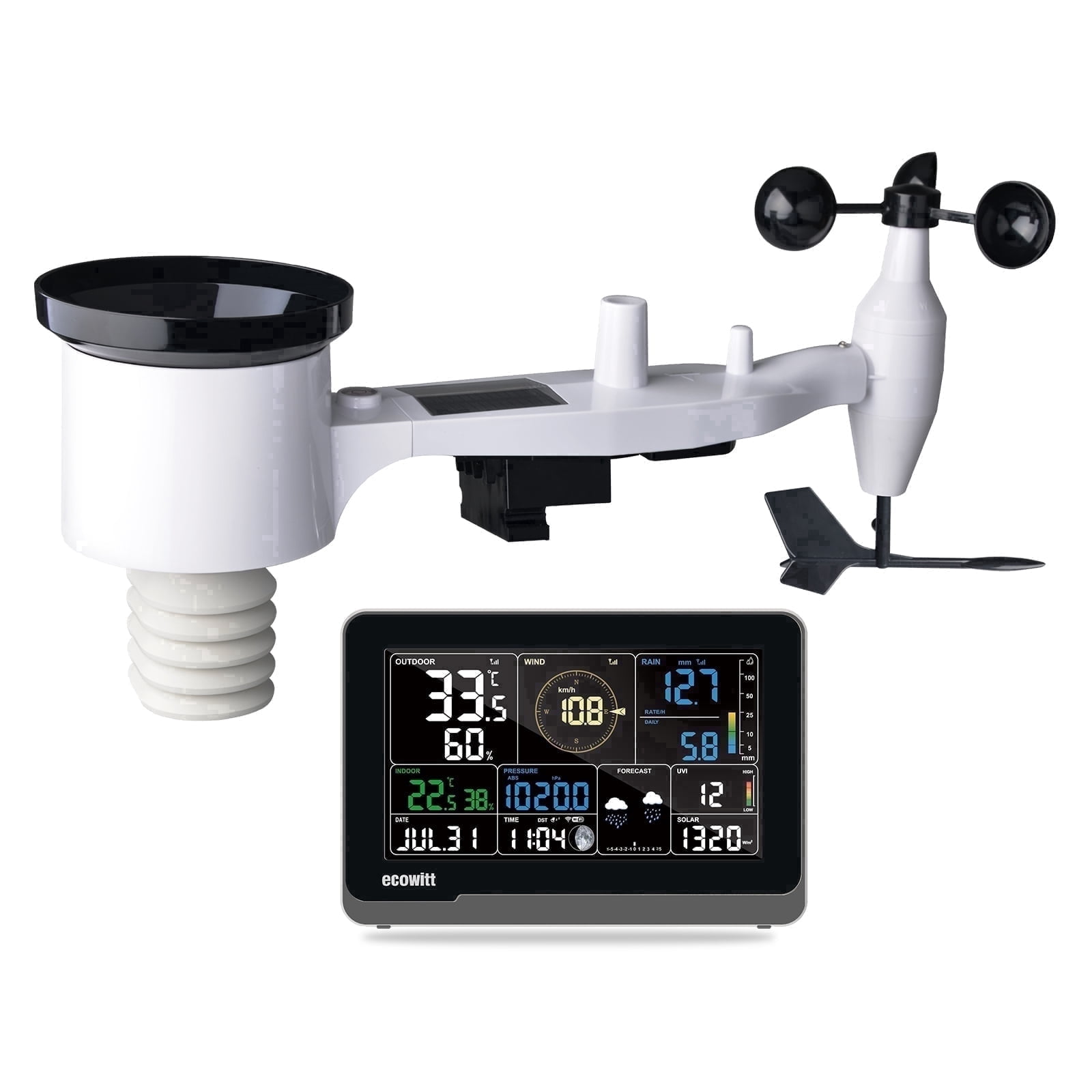 Ecowitt WS3900 Weather Station with 7-in-1 Outdoor Sensor and 7.5-Inch LCD Display
