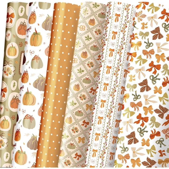 ECP Fall Wrapping Paper, Autumn Gift Wrap Set Pumpkin Bow Leaves Harvest Wrapping Paper for Thanksgiving Fall Party Gifts, Folded Flat 6 Sheets, 19.7" x 27.5" Per Sheet
