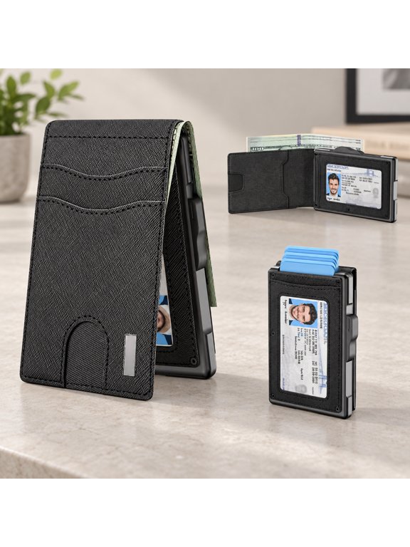 ECP Wallet for Men, Minimalist Leather RFID Blocking Bifold Wallet, Cash Slot Pop‑Up Credit Card Holder, Holds 10‑12 Cards, Built‑in ID Window, Front Pocket Friendly, Practical Birthday Gifts for Men