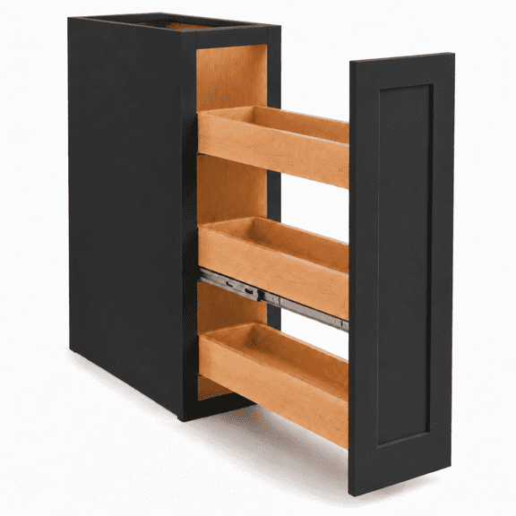 ECPKHCT 9"W x 24"D x 34.5"H Pull-Out Spice and Oil Base Cabinet, 3-Tier Solid Wood Organizer, Soft-Close Charcoal Black