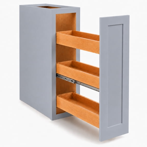 ECPKHCT 9"W x 24"D x 34.5"H Pull-Out Spice and Oil Base Cabinet, 3-Tier Solid Wood Organizer, Soft-Close Light Gray