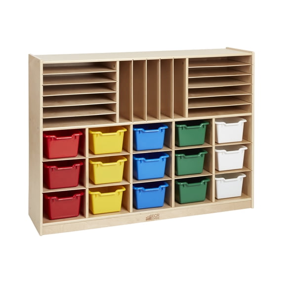 ECR4Kids Multi-Section Mobile Tray Cabinet and 15 Scoop Front Bins, Classroom Furniture, Natural