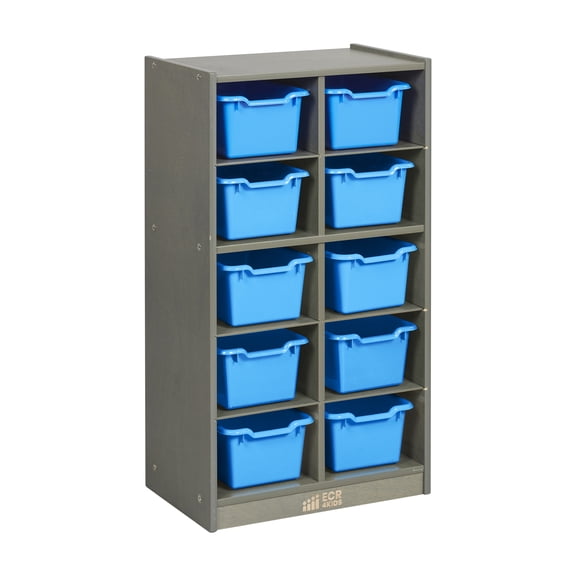 ECR4Kids 10 Cubby Mobile Tray Cabinet and 10 Scoop Front Bins, 5x2, Kids Furniture, Grey Wash