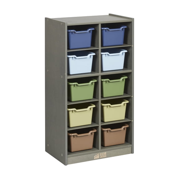ECR4Kids 10 Cubby Mobile Tray Cabinet and 10 Scoop Front Bins, 5x2, Kids Furniture, Grey Wash