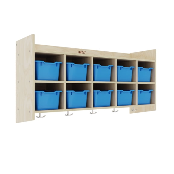 ECR4Kids 10-Section Hanging Coat Locker with Shelf and 10 Scoop Front Bins, Cubby Storage, Natural