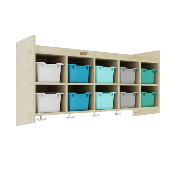 ECR4Kids 10-Section Hanging Coat Locker with Shelf and 10 Scoop Front Bins, Cubby Storage, Natural