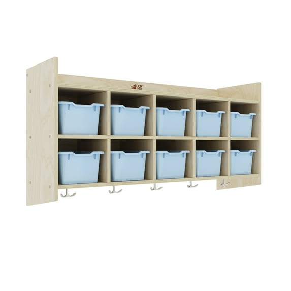 ECR4Kids 10-Section Hanging Coat Locker with Shelf and 10 Scoop Front Bins, Cubby Storage, Natural