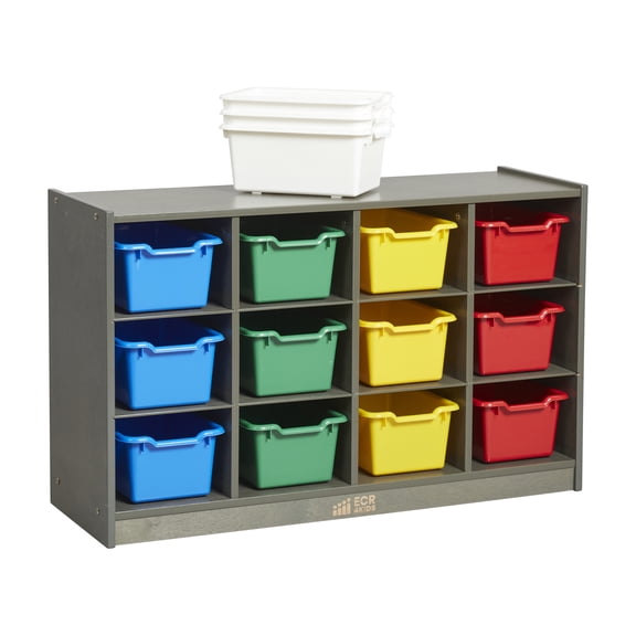 ECR4Kids 12 Cubby Mobile Tray Cabinet and 15 Scoop Front Bins, 3x4, Kids Furniture, Grey Wash