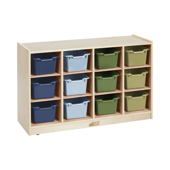 ECR4Kids 12 Cubby Mobile Tray Cabinet and 15 Scoop Front Bins, 3x4, Kids Furniture, Natural