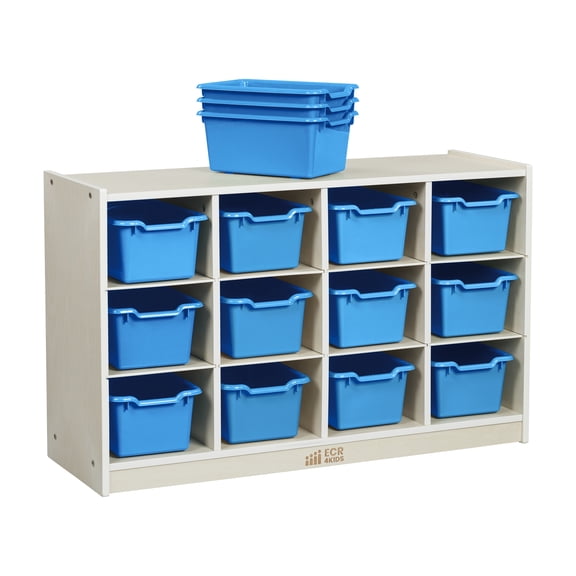 ECR4Kids 12 Cubby Mobile Tray Cabinet and 15 Scoop Front Bins, 3x4, Kids Furniture, White Wash