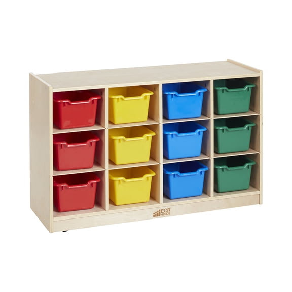 ECR4Kids 12 Cubby Mobile Tray Cabinet and 15 Scoop Front Bins, 3x4, Kids Furniture, Natural