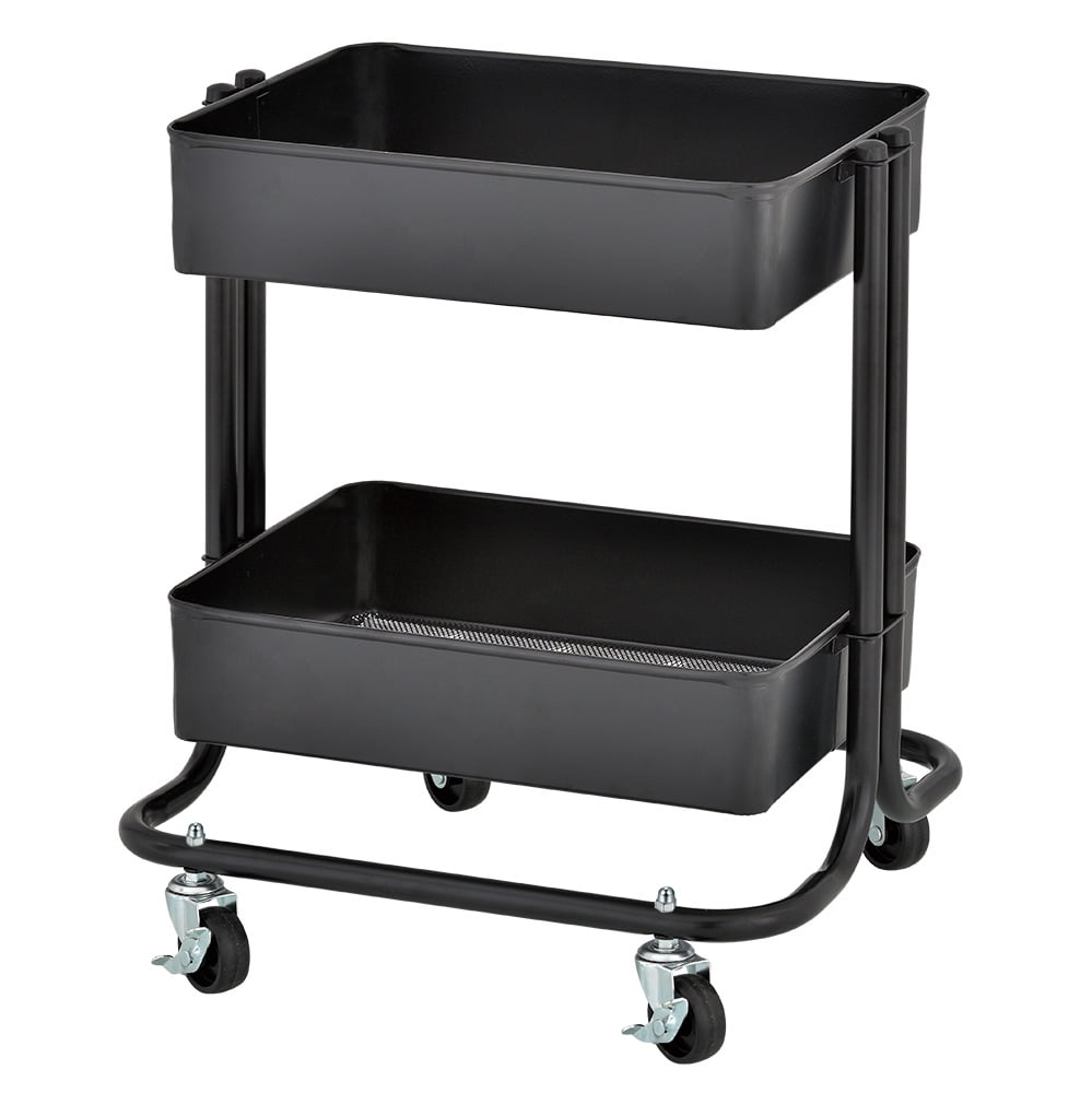 Black Metal 2-Tier Rolling Utility Storage Cart