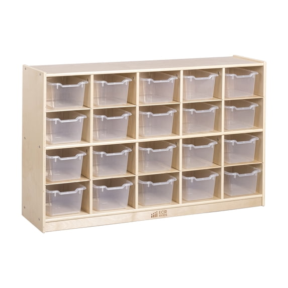 ECR4Kids 20 Cubby Mobile Tray Cabinet and 20 Scoop Front Storage Bins, 4x5, Kids Furniture, Natural