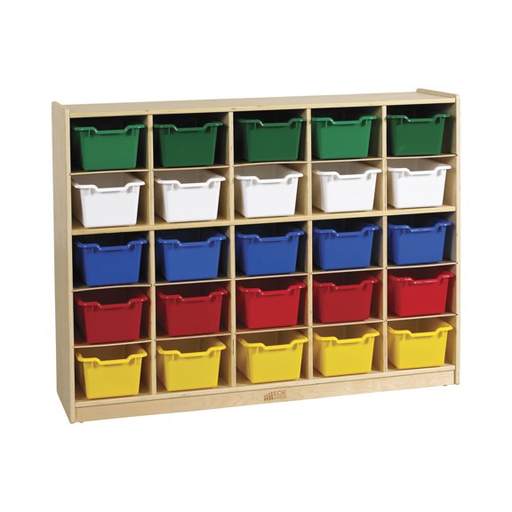 ECR4Kids 25 Cubby Mobile Tray Cabinet and 25 Scoop Front Storage Bins, 5x5, Kids Furniture, Natural