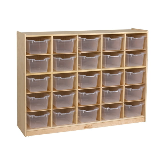 ECR4Kids 25 Cubby Mobile Tray Cabinet and 25 Scoop Front Storage Bins, 5x5, Kids Furniture, Natural