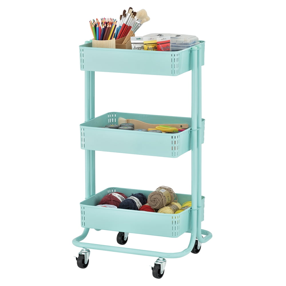 Teal 3-Tier Metal Rolling Utility Cart with Mesh Baskets
