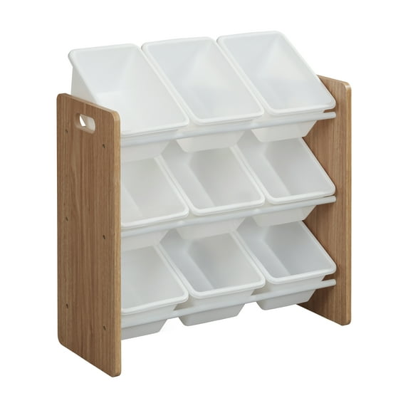 ECR4Kids 3-Tier Organizer with 9 Removable Plastic Bins, 3x3, Toy Storage, Dark Natural/White