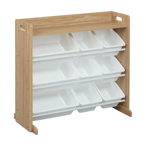 ECR4Kids 3-Tier Organizer with Shelf and 9 Removable Plastic Bins, 3x3, Toy Storage, Dark Natural/White
