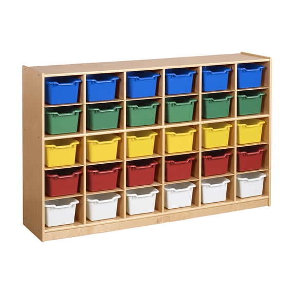 ECR4Kids 30 Cubby Mobile Tray Cabinet and 30 Scoop Front Bins, 5x6, Classroom Furniture, Natural
